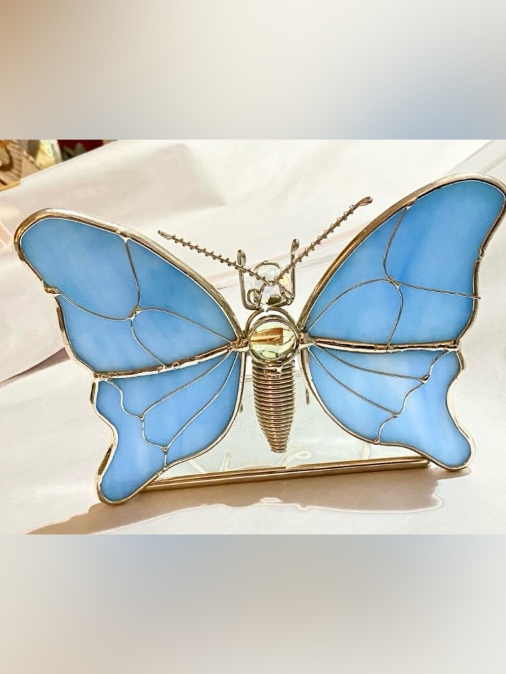 Vintage Stained Glass Blue&Gold Tea Light Holder. Has 2 glass stones center. EUC